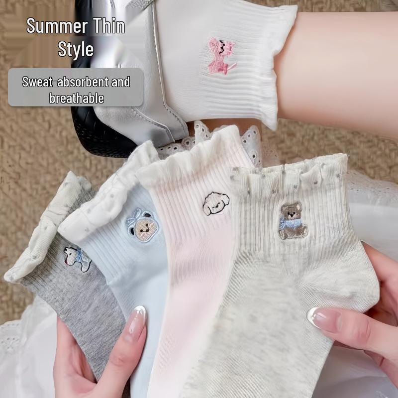 White Ruffle Socks with Japanese Cartoon Heart Embroidery - Spring/Summer Collection for Girls
