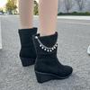 Fashion Luxury Pearl Chain Decoration Mid Calf Boots Women Autumn Sexy Solid Black Suede Boots Comfort Round Toe Medium Heel Booties