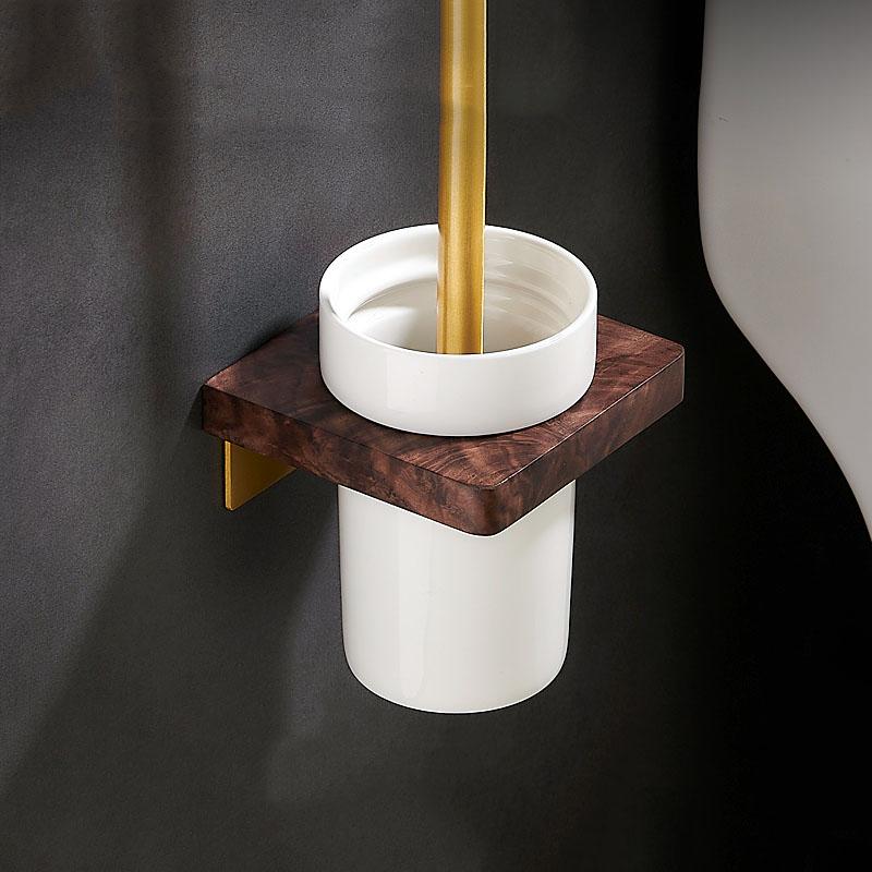 Ensemble Brosse WC Salle de Bain Bois Noyer Mural Support Brosse WC Or Brossé Brosse de Nettoyage Support Brosse de Nettoyage Outil de Nettoyage