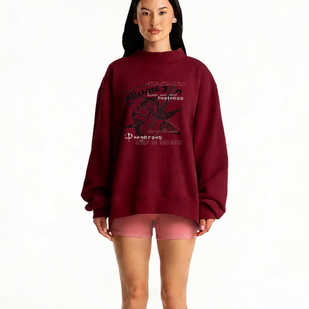 Women's Autumn Mid-High Neck Loose Sweatshirt - Trendy, Casual, Long Sleeve, Hoodless Fashion.