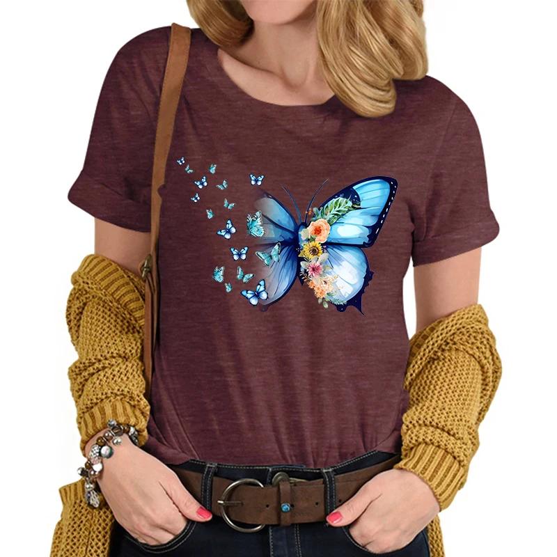 Flower Butterfly Lover Casual Tops Vintage Flower Design Tshirt Female Butterfly Print Premium Casual Short Sleeve TShirt Women