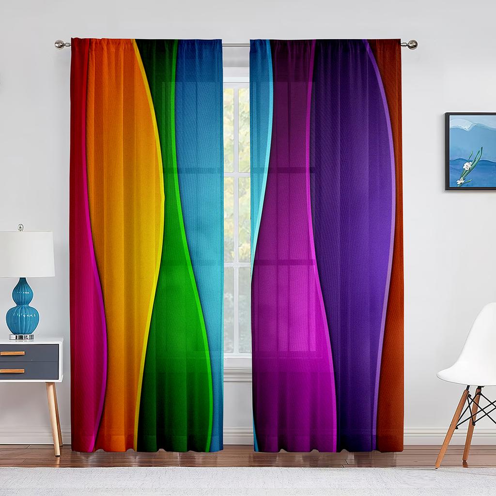 Abstrakt konst Färgglada vågor Ränder Geometriska tyllgardiner för vardagsrum Sovrumsinredning Skir voilegardin Fönsterdekorationer