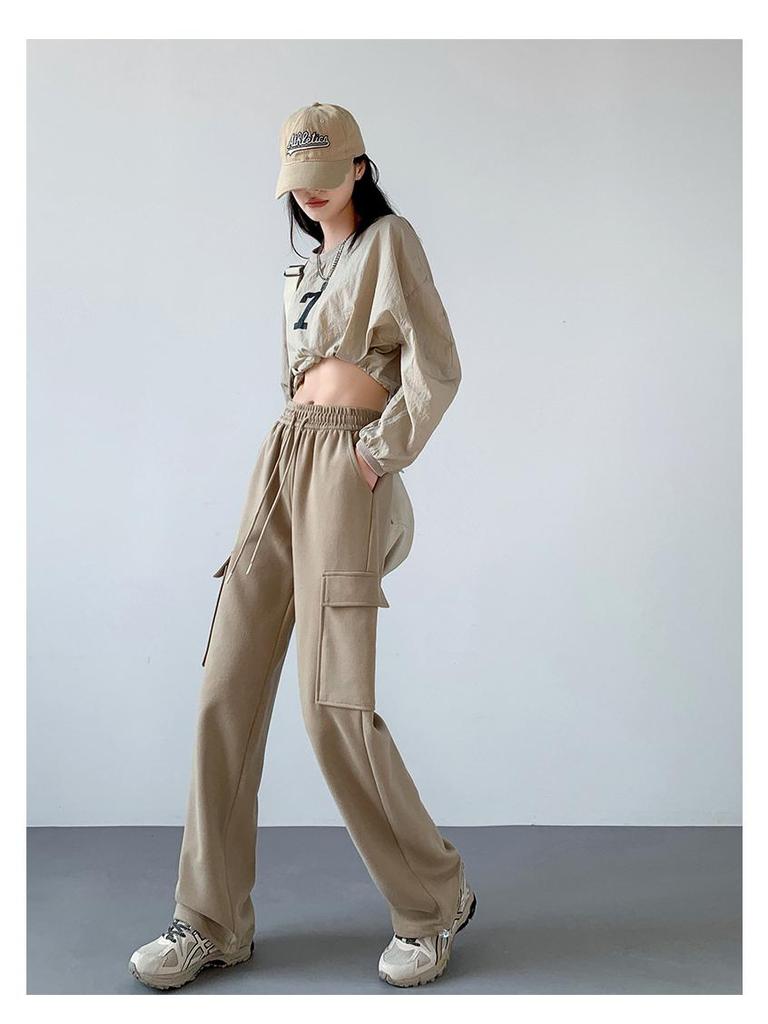 Women's Fleece-Lined Casual High-Waisted Slimming Joggers, Autumn/Winter Straight-Leg Wide-Leg Pants