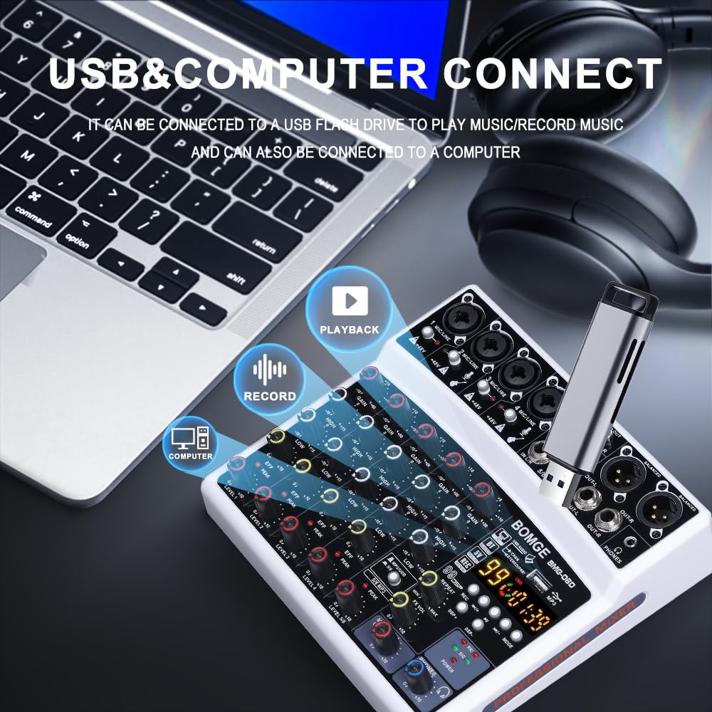 BOMGE DJ Audio Mixer with 48V Phantom 5V Power and 99 DSP Echo Effects for Live and Podcasts 6-Channel MP3, USB, Bluetooth, Power, Supply,