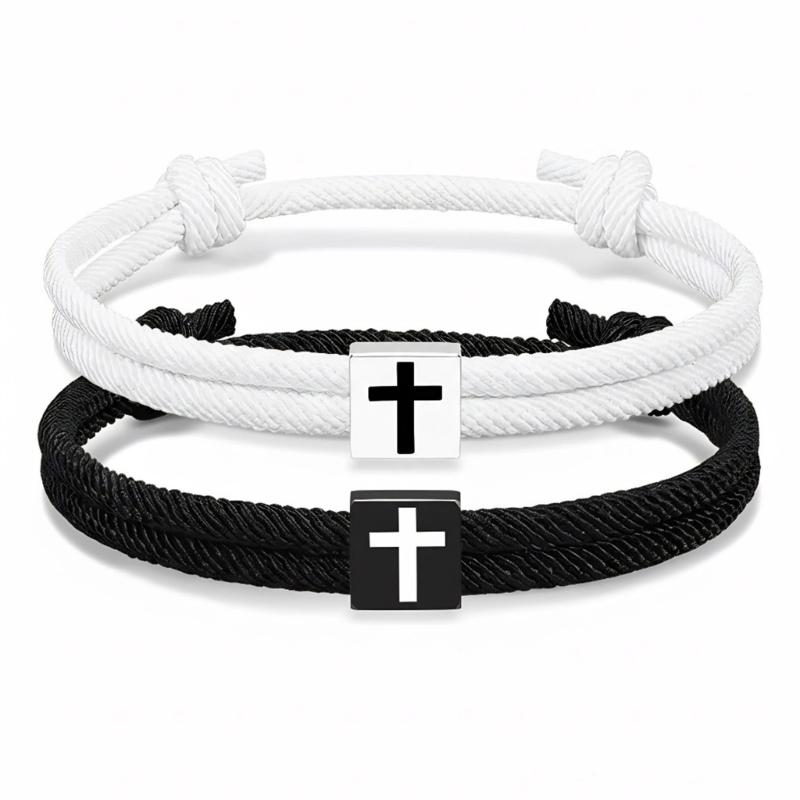 

Pack of 2 Black Adjustable Christian Bracelets Religious Crosses Charm Wristband for Couples Religious Gift