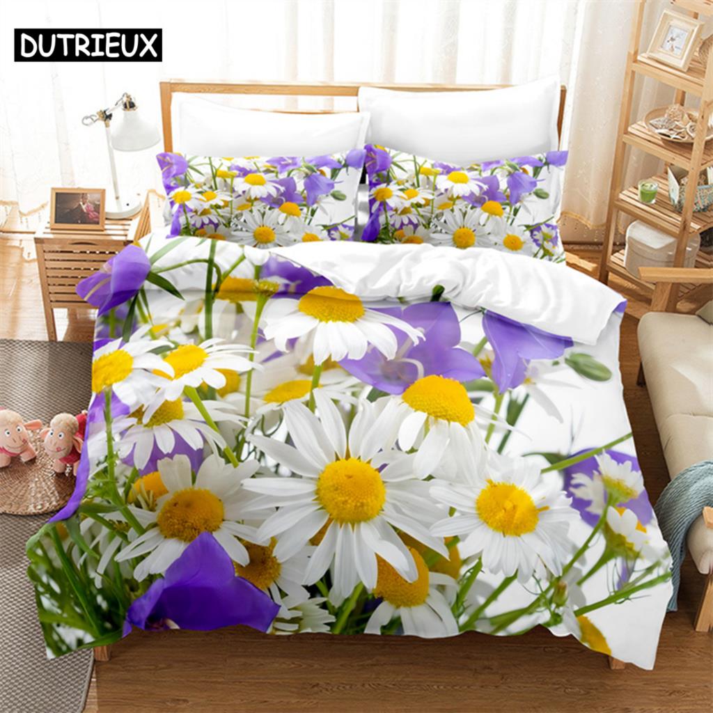 White Daisy Queen Bedding Set Duvet Cover Kids Bedroom Bed Set Comforter Cover Set King Size Duvet Cover Set Bedding Sets