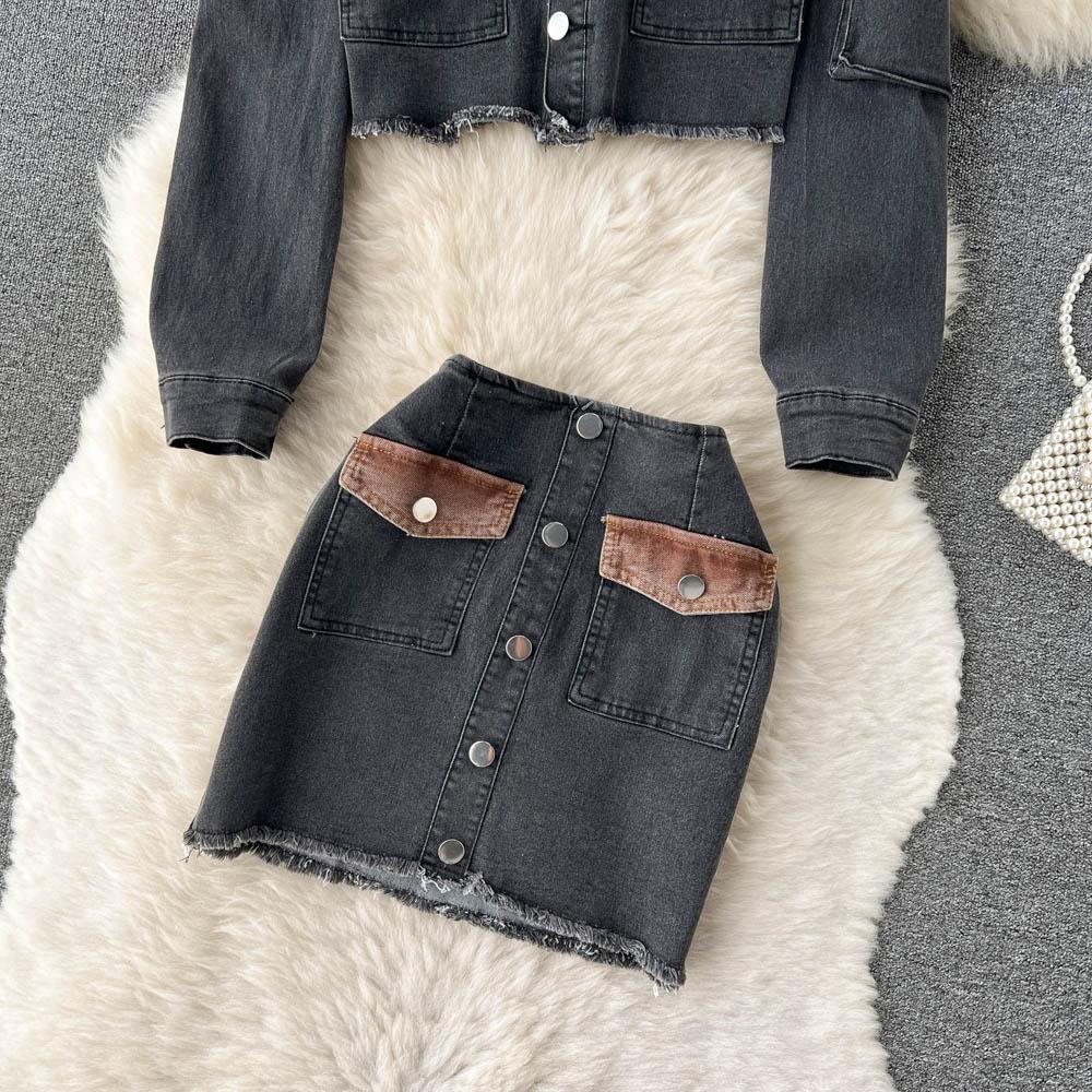 Contrast Color Two-Piece Suit Women's Autumn Denim Short Coat High Waist Bag Hip Skirt