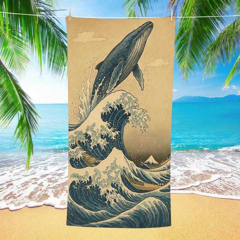 Vintage Japanese Wave Giant Whale Beach Towel Antique Ocean Art Print Quick Dry Absorbent Lightweight Towel