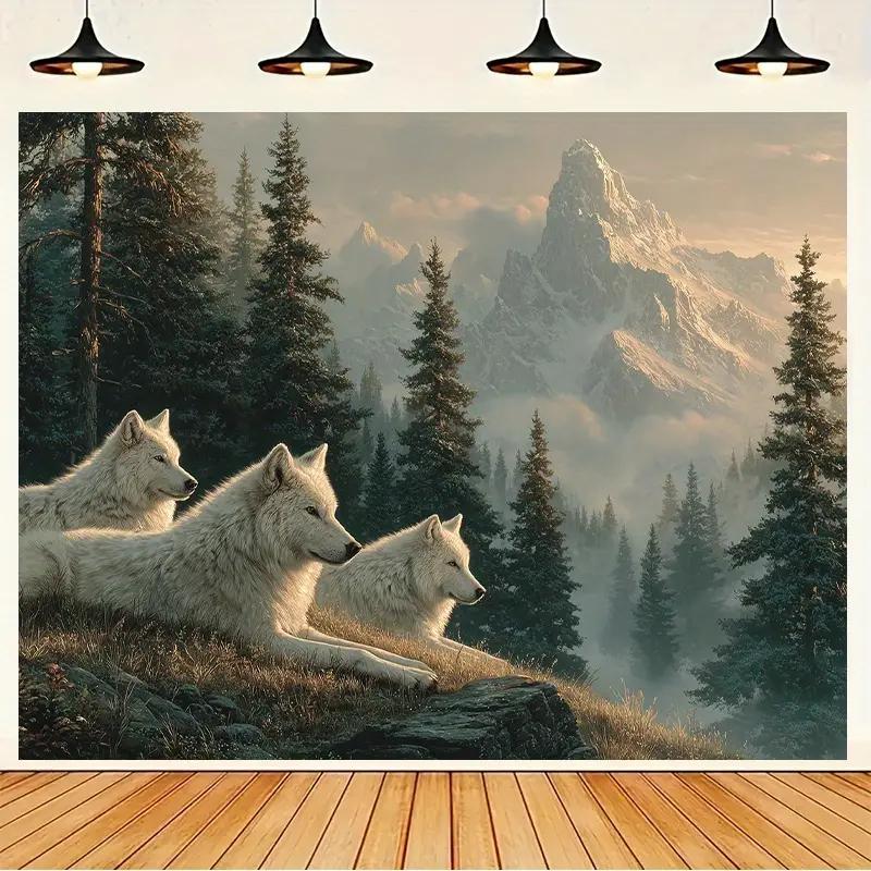 White Wolves Mountain Forest Wall Tapestry 2D Flat Printing Wildlife Art Nature Decor Home Interior Design Living Room Wallpaper