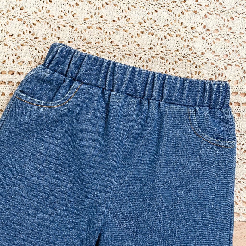 Girls' Fashionable Set Summer Children's Casual Puffed-sleeve Short-sleeved Vest and Denim Trousers Three-piece Set