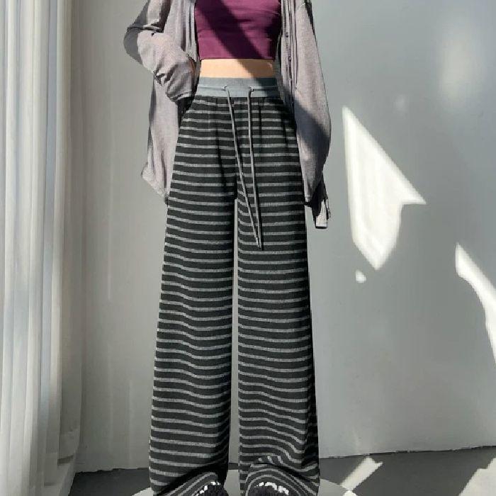 Retro Ice Silk Striped Wide-leg Pants for Women In Spring and Summer New High-waist Drawstring Loose Straight Pants Knitted Casual Pants