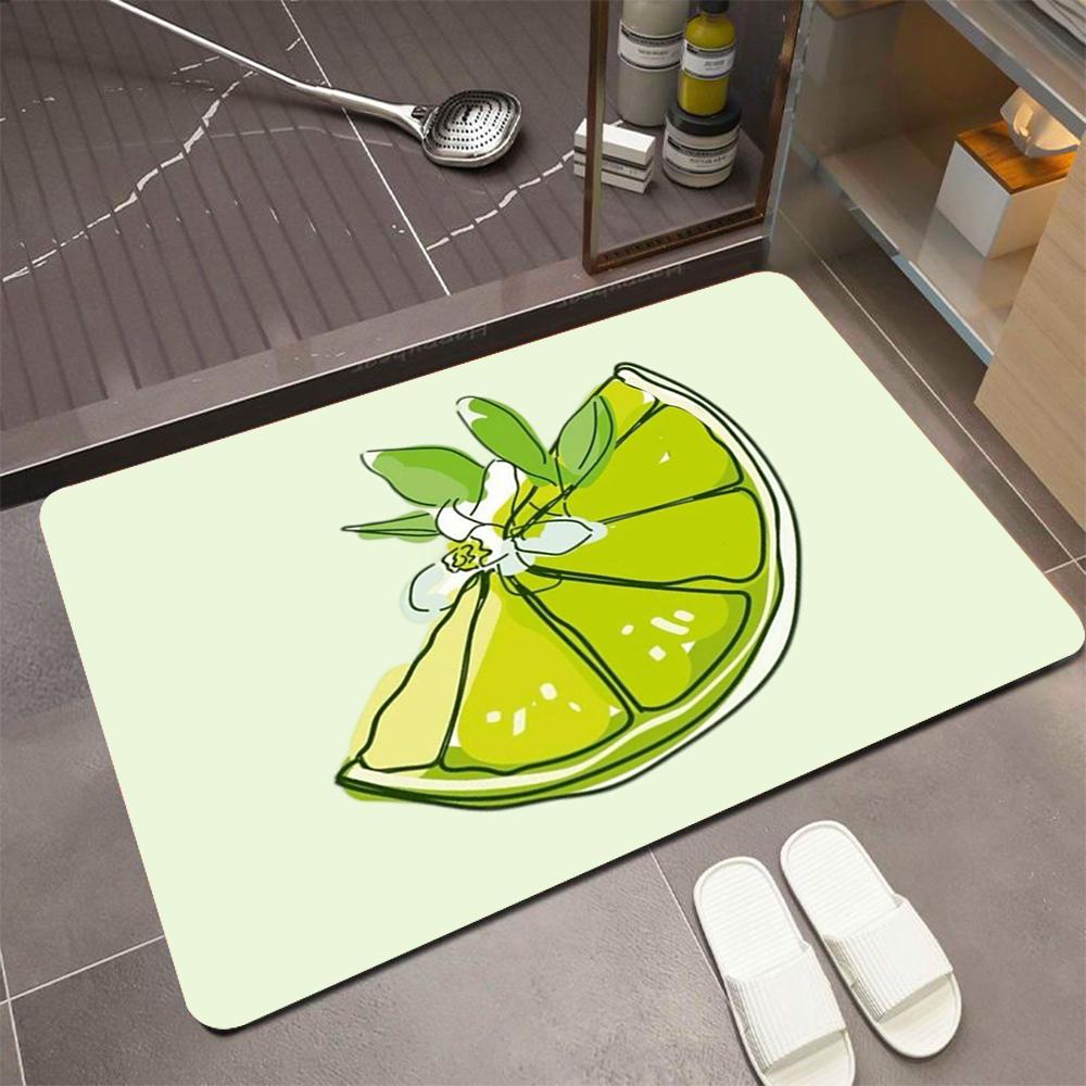 Hellgrüne Basis Cartoon Limette Kieselalgen Badematte, Geschnittene Zitrusfrucht mit Blatt Rutschfester Schnelltrocknender Teppich für Badezimmer Eingang Heimdekoration