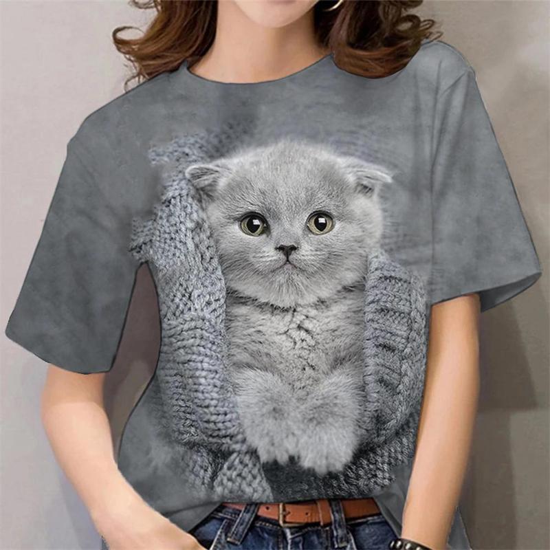 Women's 3d Cats Print Black T Shirt Female Cute Animal Y2k Graphic T Shirts Girl Street Tees Haigh Quality Tops
