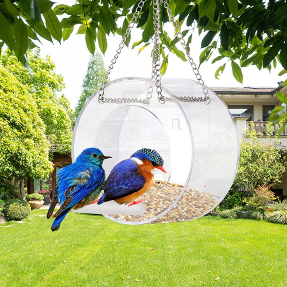 Klarer Acryl-Fenster-Vogelfutterspender Starke Saugnapf-Kette Vogelhaus Rund Transparent Hängender Vogelfutterspender