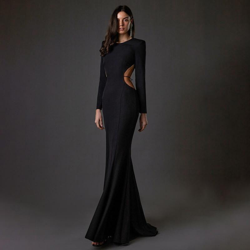 

Rhinestone Bare Back Retro Long Tail Evening Gown Black XS