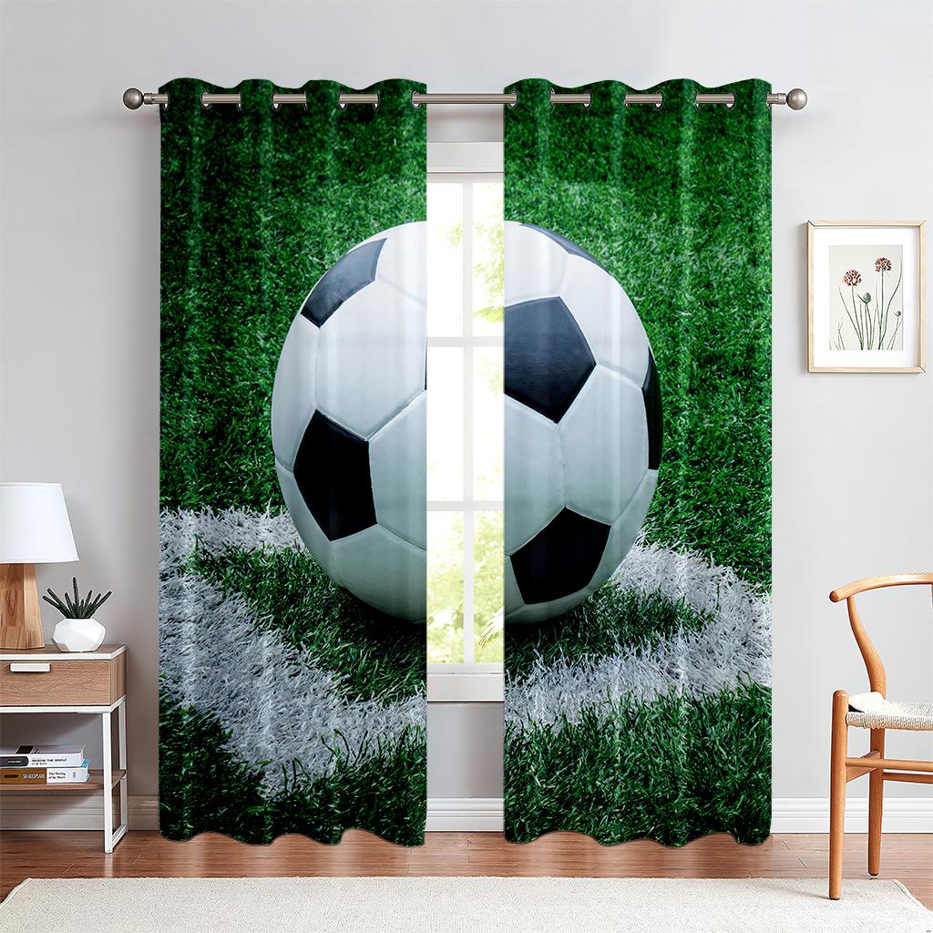 2PCS World Cup Football Printed Curtains, Polyester Fiber Rod Pockets, Colorful Hand-Painted, Room Decoration Curtains