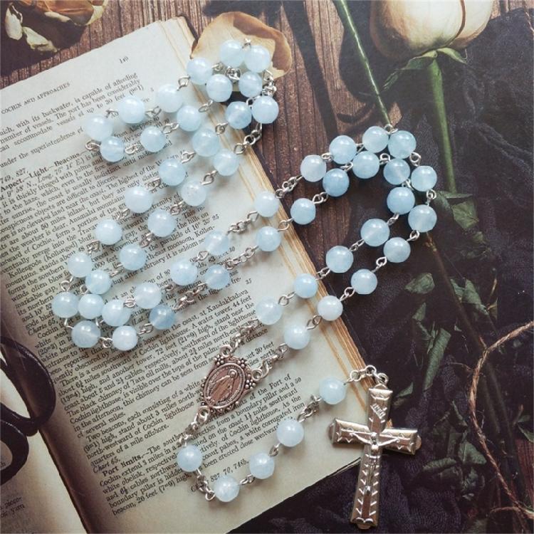 Meditation Gift Blue Jades Bead Cross Rosary Women Men Praying Supplies