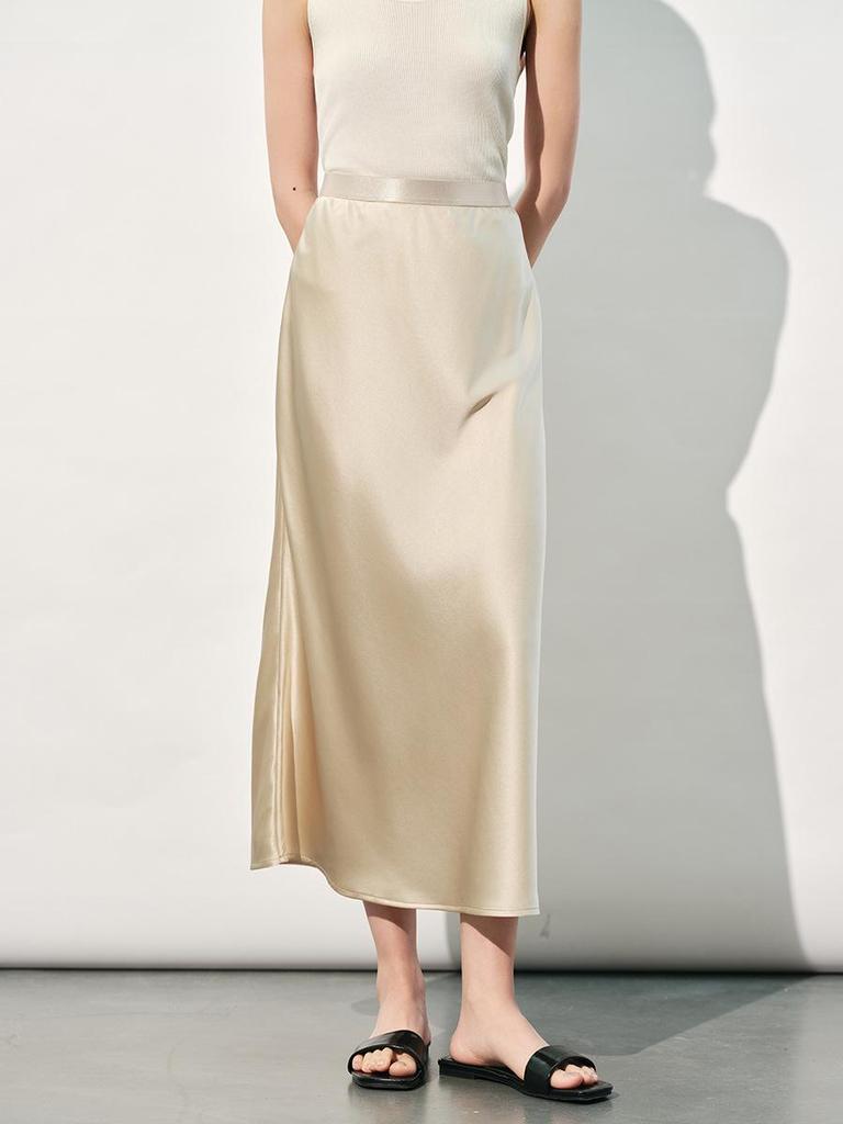 Women's High-Waisted Mulberry Silk Satin A-Line Skirt - Summer, Draped, Versatile, Light Luxury, Slimming Style