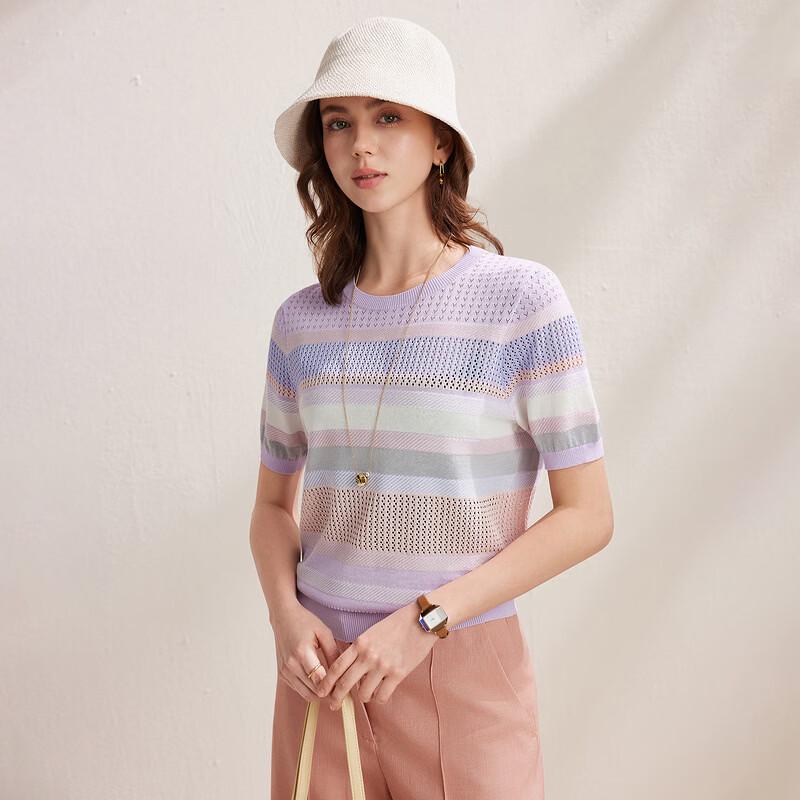 Women's Mulberry Silk Striped Knit T-Shirt