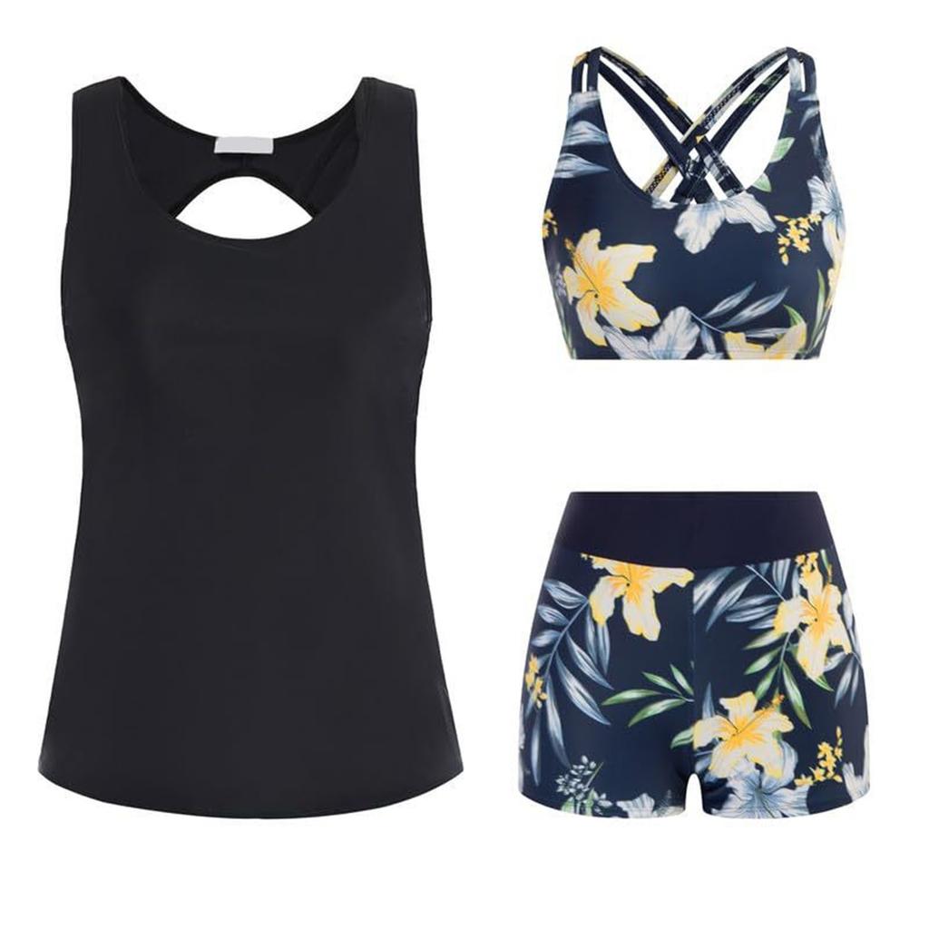 Women's Floral Printed Separate Three Piece Swimsuit With Bra Pads No Steel Bra Sexy Bikini