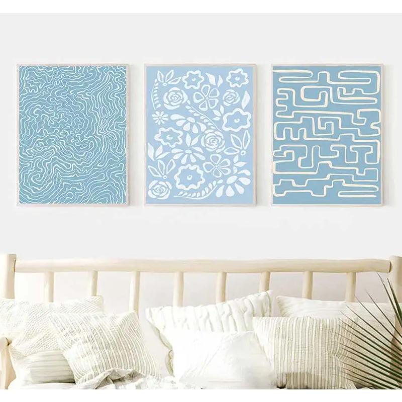Blue Curved Abstract Canvas Painting Pattern, French Nostalgia Poster, Wall Art, Nordic Picture, Room Decoration, Flower Pattern