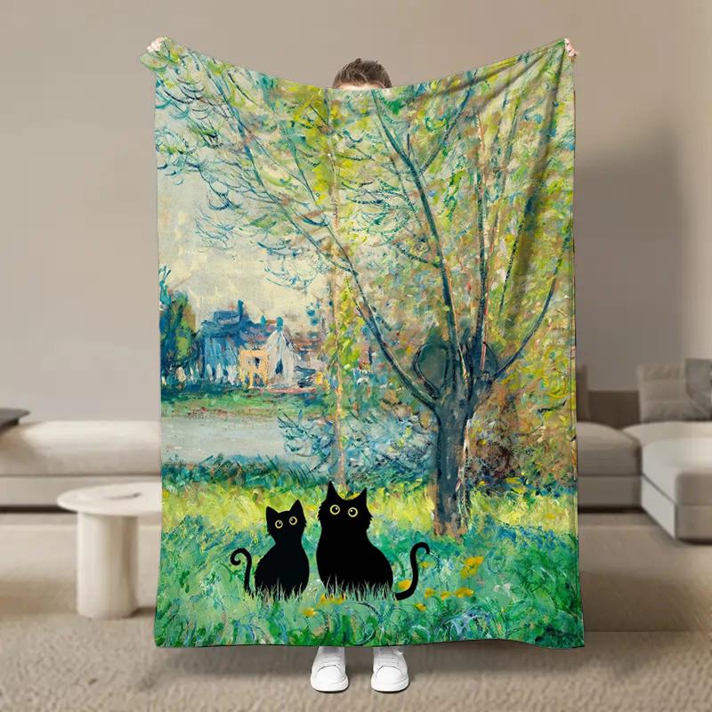 

6 Size Cute Black Cat Lotus Blanket,Sofa Bed Cover Four Season Soft Fluffy Quilt Blanket, Flannel Throw Outdoor Leisure Nap Gift 100x150cm
