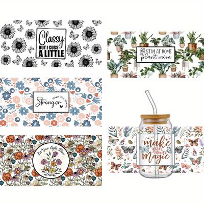 5 pegatinas para tazas - Diseño floral y de plantas Impermeables, Resistentes a los arañazos Acabado cristal Calcomanías Para vasos de 16 oz, Autoadhesivas, 9.45X4.33 Pulgadas