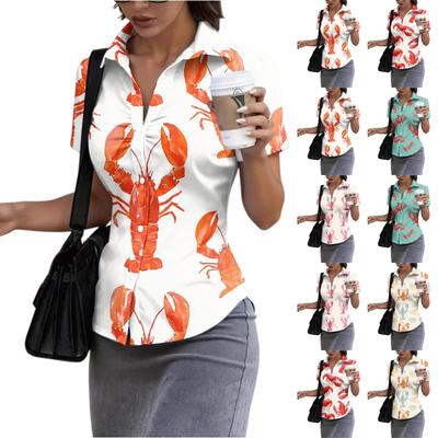 Damen Slim Fit Kurzarm Hemdbluse mit Knöpfen Hummerdruck Kragen Lässige Bluse für Sommer Arbeitskleidung und Täglichen Gebrauch