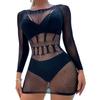 Women Sexy Dress Fishnet Hollow Long-Sleeved Swimwear Mesh Erotic Sleepwear Lingerie Dresses Ultrathin See Through Nightdress