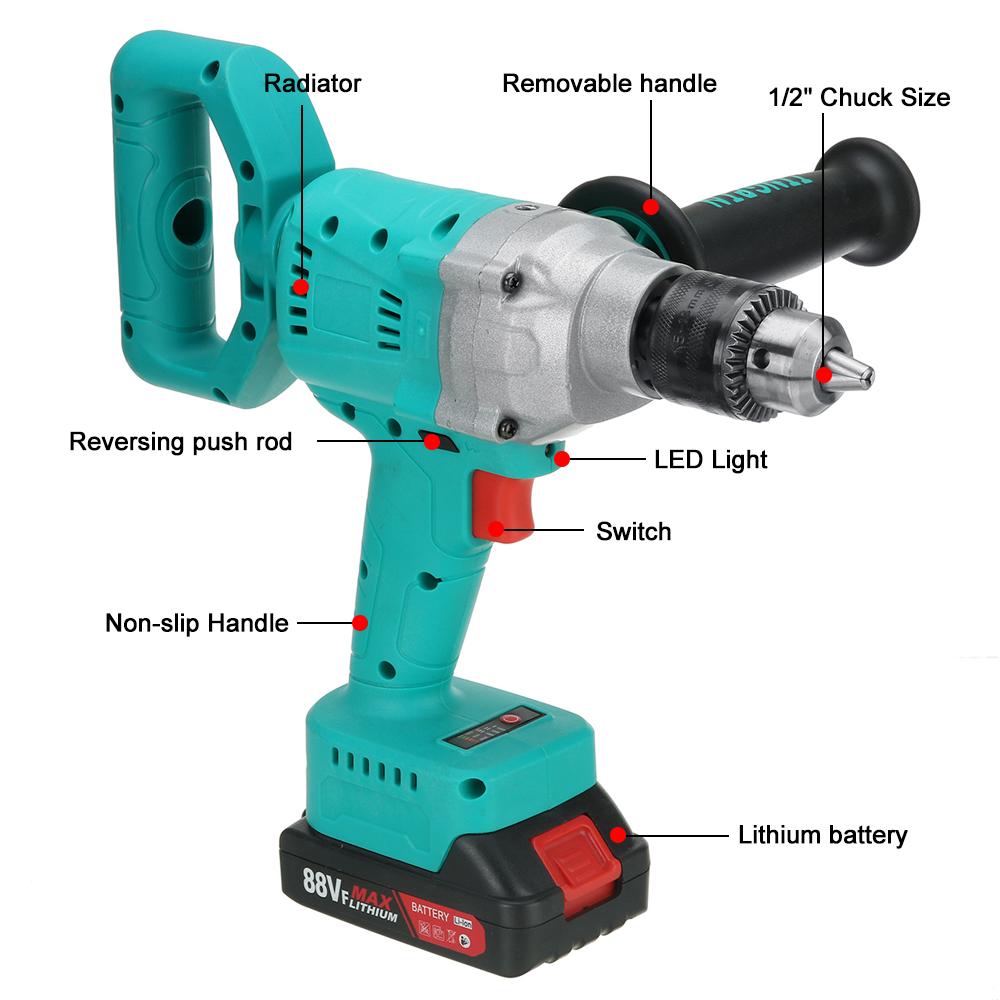 Trapano Elettrico Senza Spazzole 88V 800W 13mm Avvitatore Elettrico Senza Fili Mandrino Autobloccante 1/2" Trapano da Ghiaccio Batteria Li-ion Utensile Elettrico