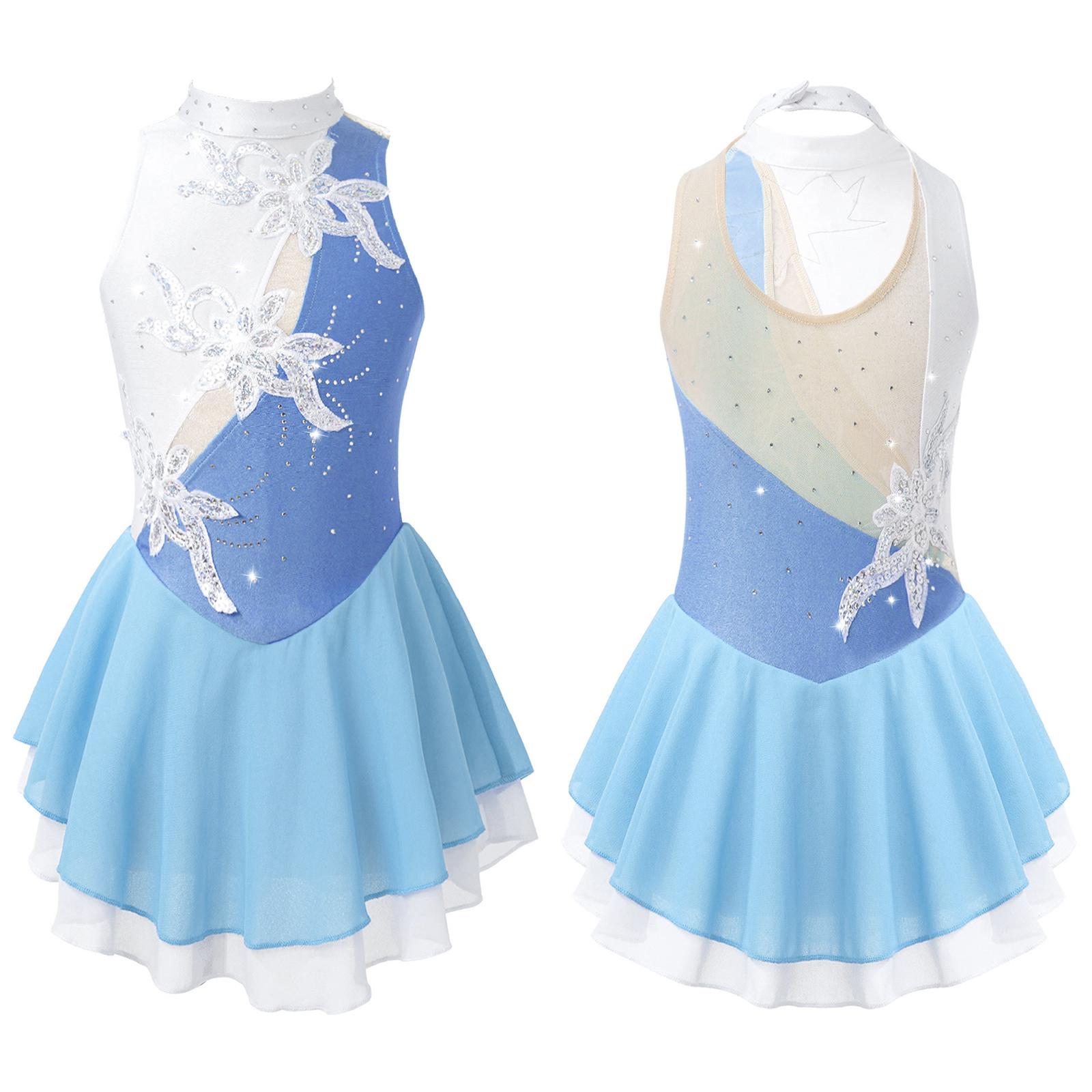 

Girls Shiny Sequins Dance Dress Sleeveless Round Neck Floral Decorated Hollow Back Performance Gymnastics Gown 15-16 Years світло-синій колір