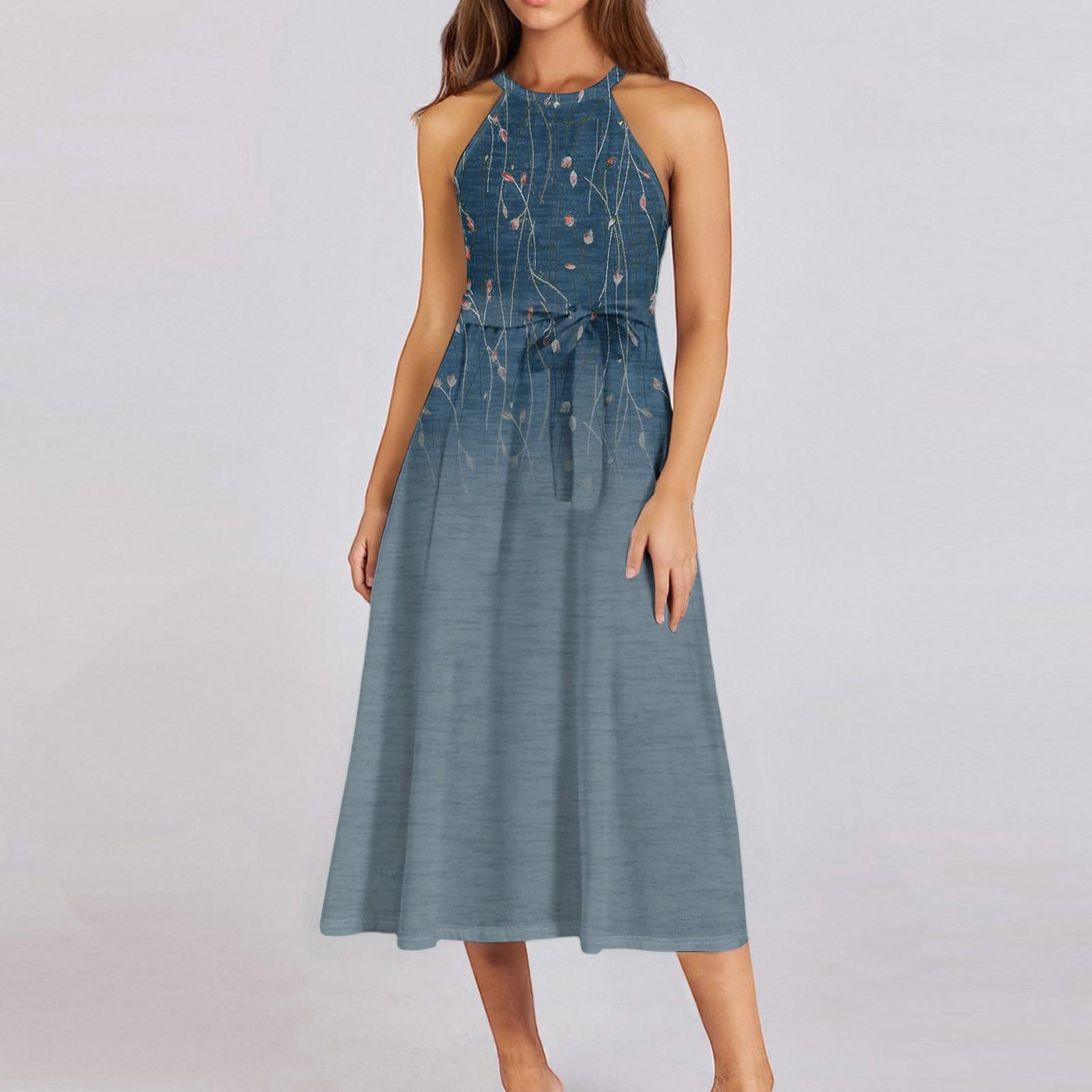 

Женское повседневное платье миди с круглым вырезом, классическое, повседневное, без рукавов, свободное платье в стиле бохо с завязками, летний пляжный сарафан S