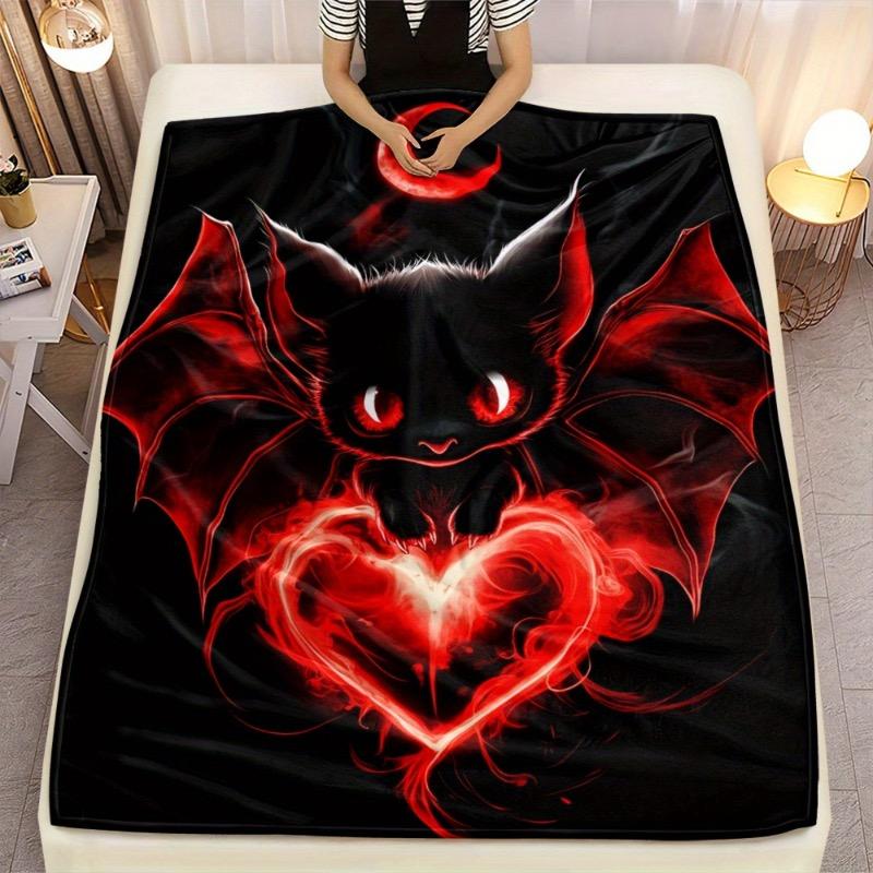 1pc Gothic Bat & Heart Throw Blanket - Black & Red Vampire Design - Soft Lightweight Flannel All-Season Bedspread for Couch