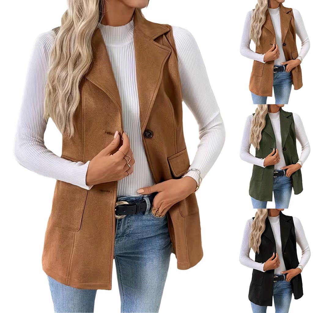 Women's Fashion Blazer Vest Sleeveless Jacket with Lapel Collar Single Button Closure and Front Pockets Suitable for Casual and Office Wear