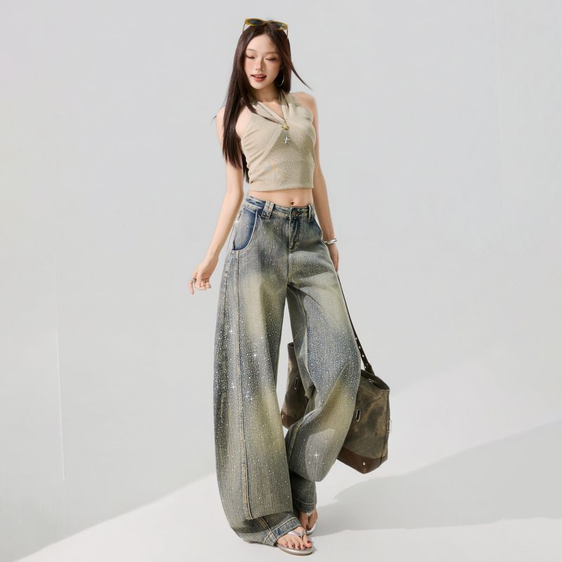 Spring Summer Luxury Rhinestone Craft Bamboo Texture Relaxed Saber Cut Fashion Casual Denim Long Pants Female Casual Pants Oversize Denim Trousers