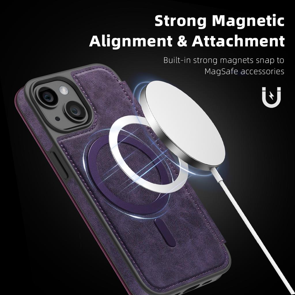 For iPhone 14 Case Compatible with MagSafe RFID Blocking Card Holder Leather Phone Cover
