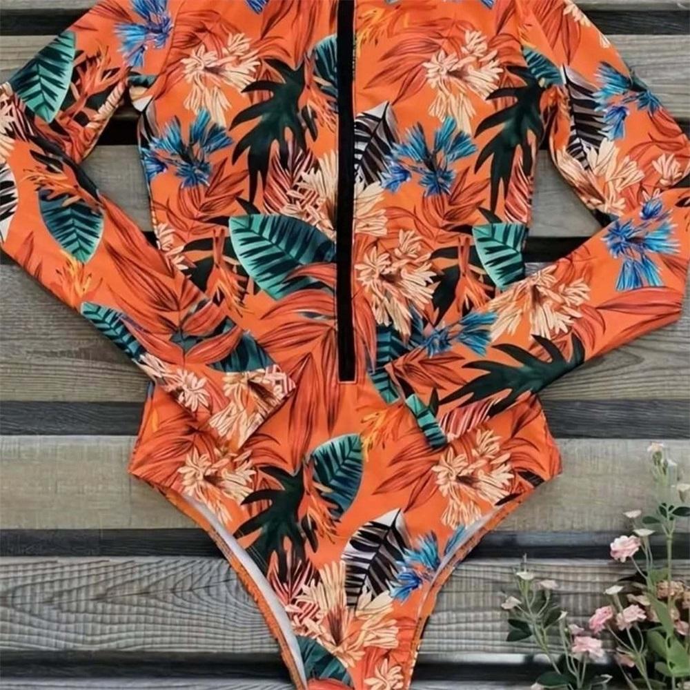 One Piece Long Sleeve Swimsuit Vacation Beach Sun Protection Slimming Plus Size Swimsuit