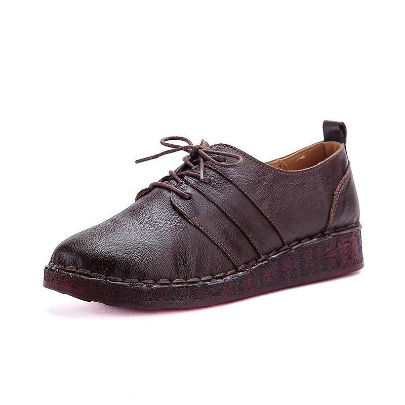 Johnature Genuine Leather Soft Soled Women's Shoes Casual Versatile Lace-up Soft Cowhide Flats