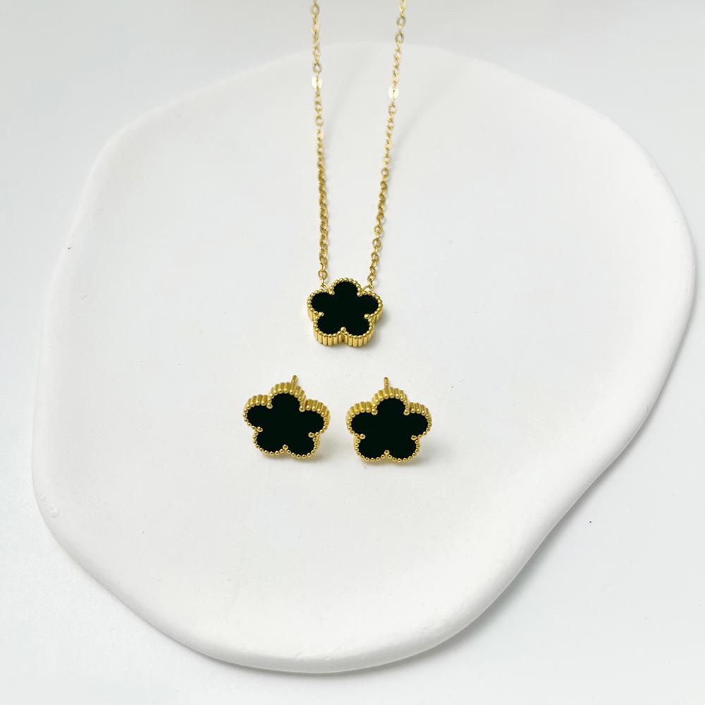 ALTERA 2Pcs Luxury 5 Leaf Flower Pendant Necklace Earrings for Women Gift Fashion Stainless Steel Double Side Clover Zircon Set