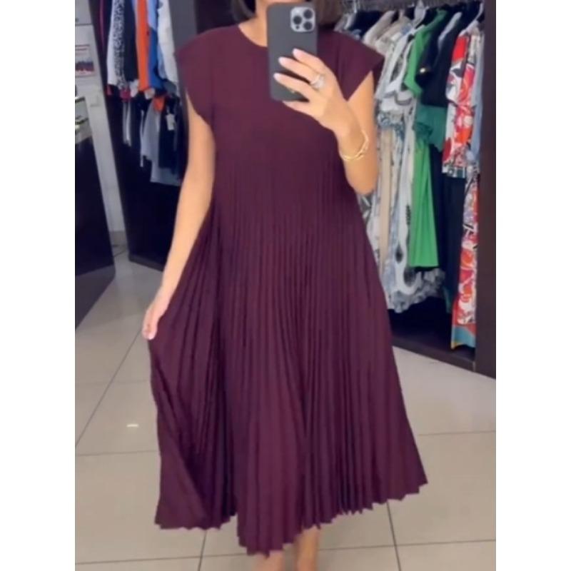 IHUASU Women's Fashion Summer Spring Solid Color Print Short Sleeve O-Neck Casual Dresses