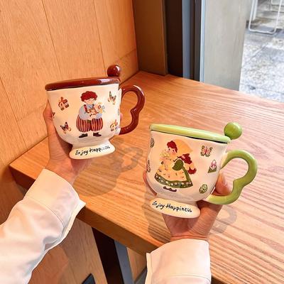 High-Footed Ceramic Mug with Lid and Spoon - Ideal for Couples, Coffee, or Breakfast