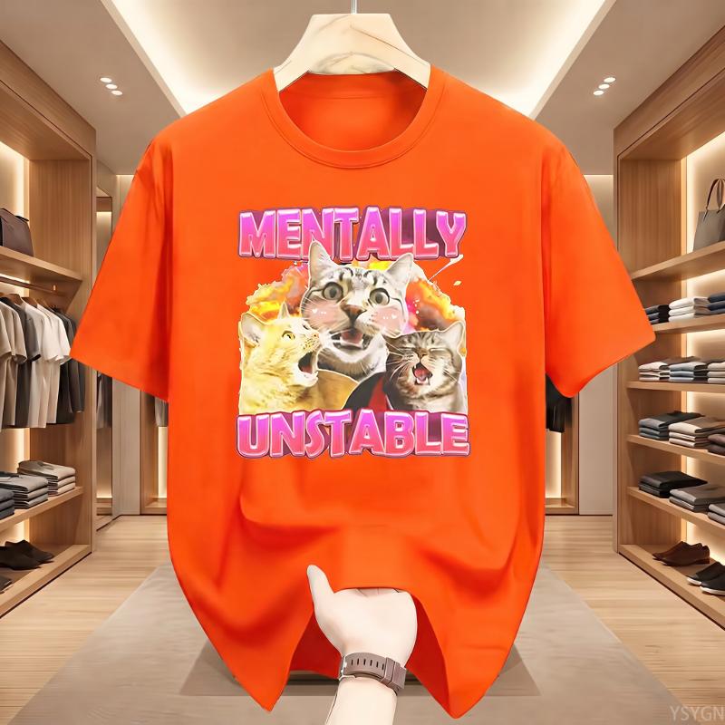 Mentally Cat Meme Aesthetic T Shirts Mens Women Vintage O-Neck Tshirt Short Sleeve Oversized Tshirts