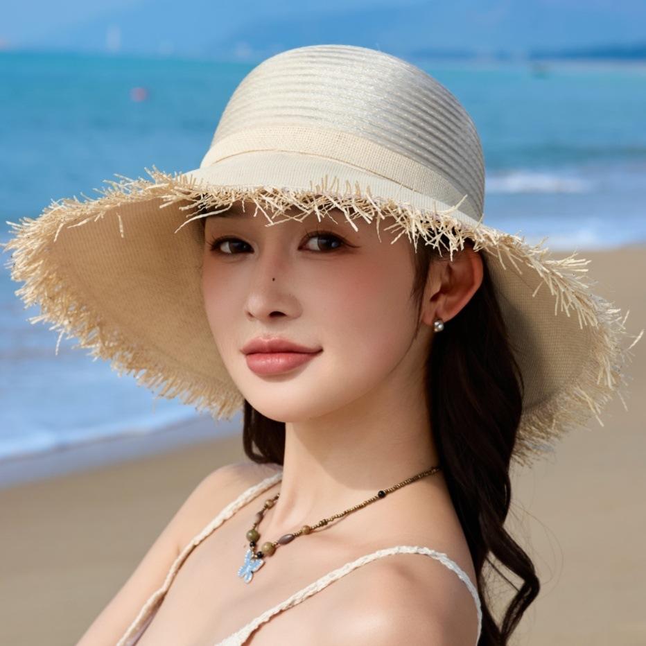 Quasten-Spleiß Strohhut Damen Sommerurlaub am Meer Strandhut Sonnenschutz Sonnenhut UV-Schutz Sonnenhut