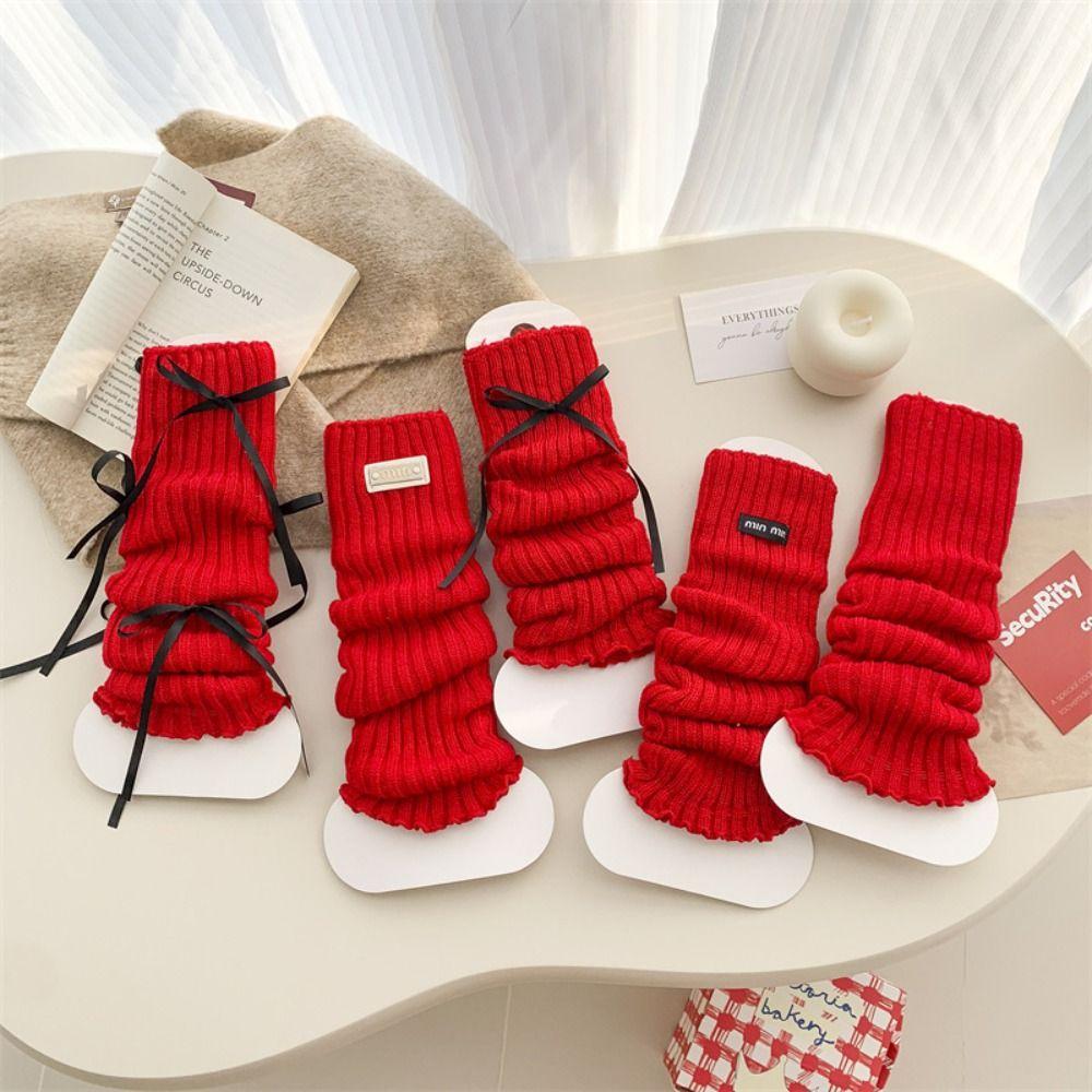 Japanese Christmas Knee Socks Y2k Bow Knitted Leg Socks Sweet New Year Red Socks  For Girl
