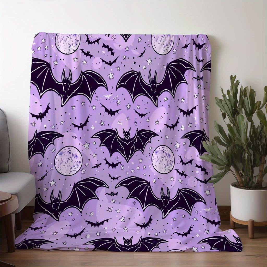 1pc Sdoo Halloween Flannel Blanket - Purple Vampire bats, Gothic Print & Stars - Soft Warm Throw for Couch, Bed, Camping, Travel