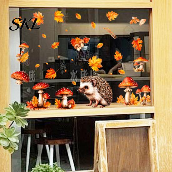 Removable Glass Clings 2PCS Autumn Hedgehog Static Window Clings, Fall Maple Leaf Mushroom Stickers, Waterproof PVC Decals No-Adhesive for Home Store
