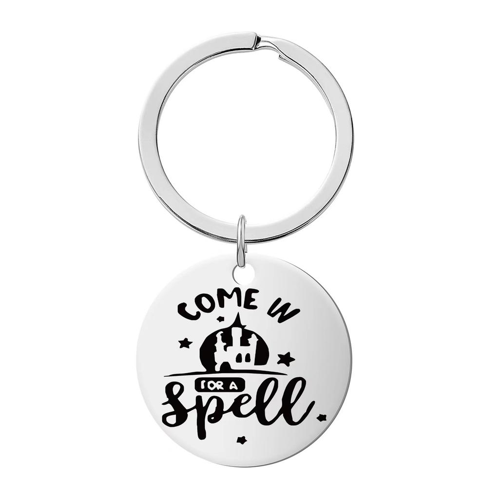 Halloween Keychain Pendant Stainless Steel Laser Engraved Round Tag Hanging Ornament Jewelry Stainless Steel Keychain for Backpack Bag Pendant