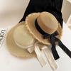 Women's Summer Flat Top Frayed Edge Straw Woven Hat Wide Brim Vacation Beach Sun Protection Hat Bowknot Decor Straw Cap