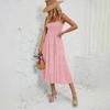 Summer Women's Sleeveless Halter Solid Square Neck Pleated Knee-Length Dress