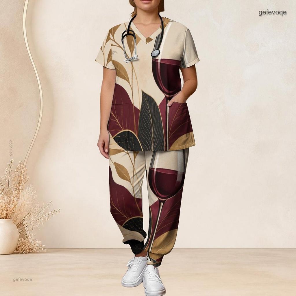 Women Plus Size V Neck Short Sleeve Scrub Set Wine Glass Leaf Abstract Art Print Nurse Uniform Set